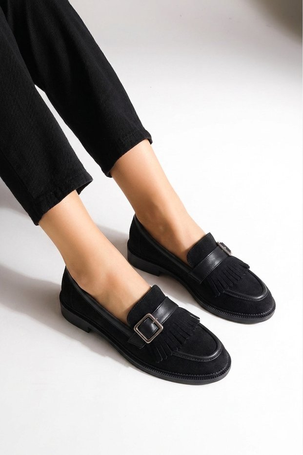 Premium Masculine: Gold Buckled Black & Brown Patent Leather and Suede Textured Women's Loafers Collection