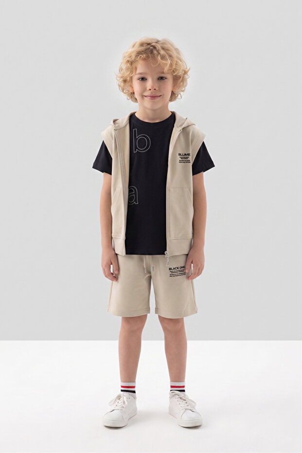 Crew Neck Boys' Vest T-Shirt and Shorts Three-Piece Set