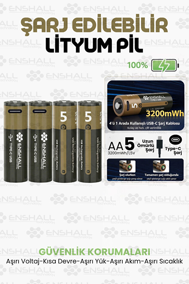 Enshall 4X ADET AA Type-c Şarj Edilebilir Kalın Kalem Pil 1.5V 3200mWh Kapasiteli Lityum-ion Saat Pili