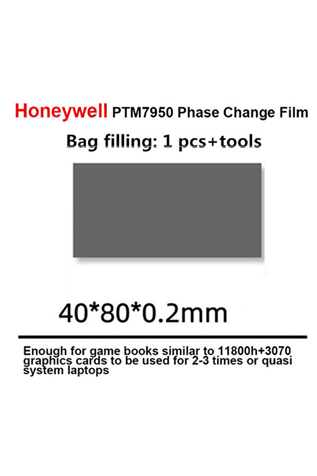 وسادة حراري لتغيير الطور من هانيويل PTM7950، أبعادها 0.2 مم (40×80×0.2 مم)، مخصصة لتبريد بطاقات الرسومات ووحدات المعالجة المركزية وأجهزة الكمبيوتر المحمولة.