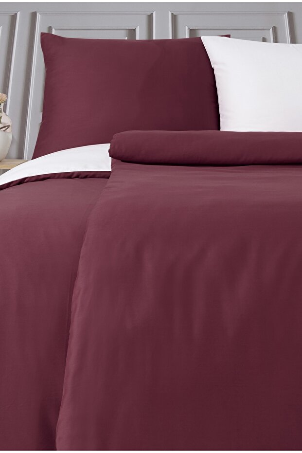 Satin 100% Cotton Double Duvet Cover Set Solid Color Burgundy - Cream