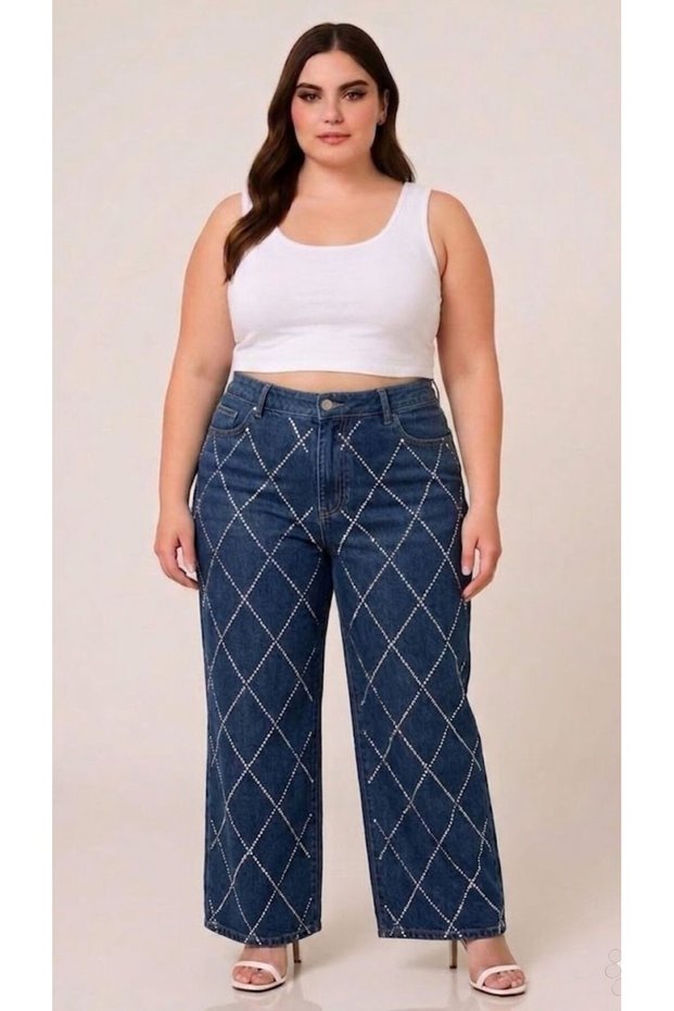 Plus Size Jeans Premium Super High Waist Stretchy Diamond Stone Wide Leg Denim Pants