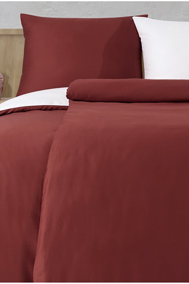 Satin 100% Cotton Single Duvet Cover Set Solid Color Burgundy - Cream