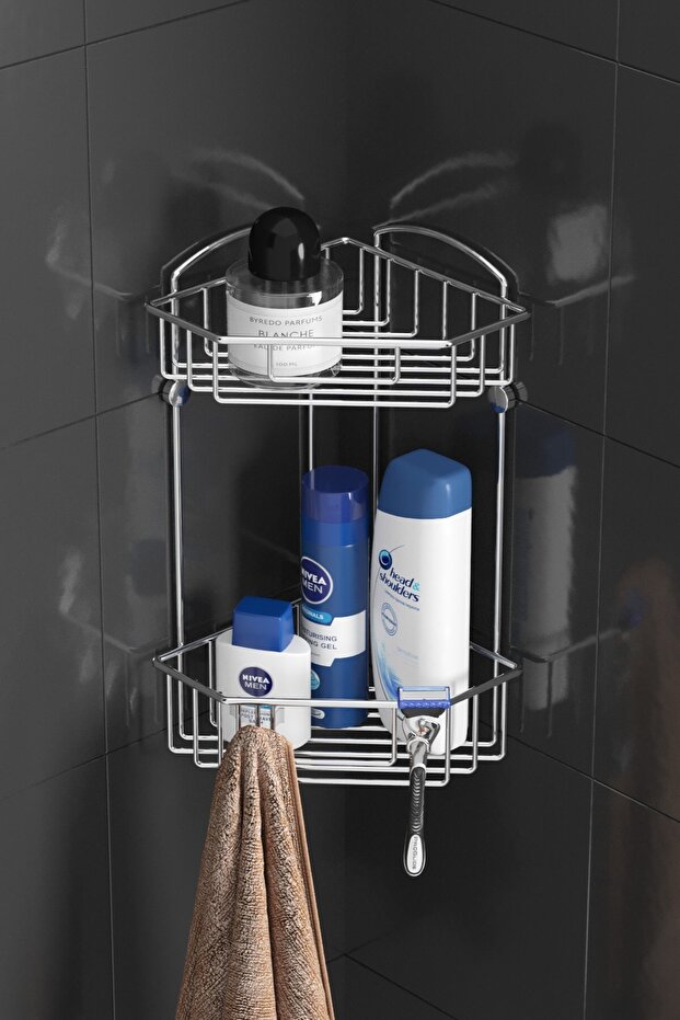 Teknotel Two-Tier Shampoo Holder with Hook Bathroom Corner Shelf Chrome Es092