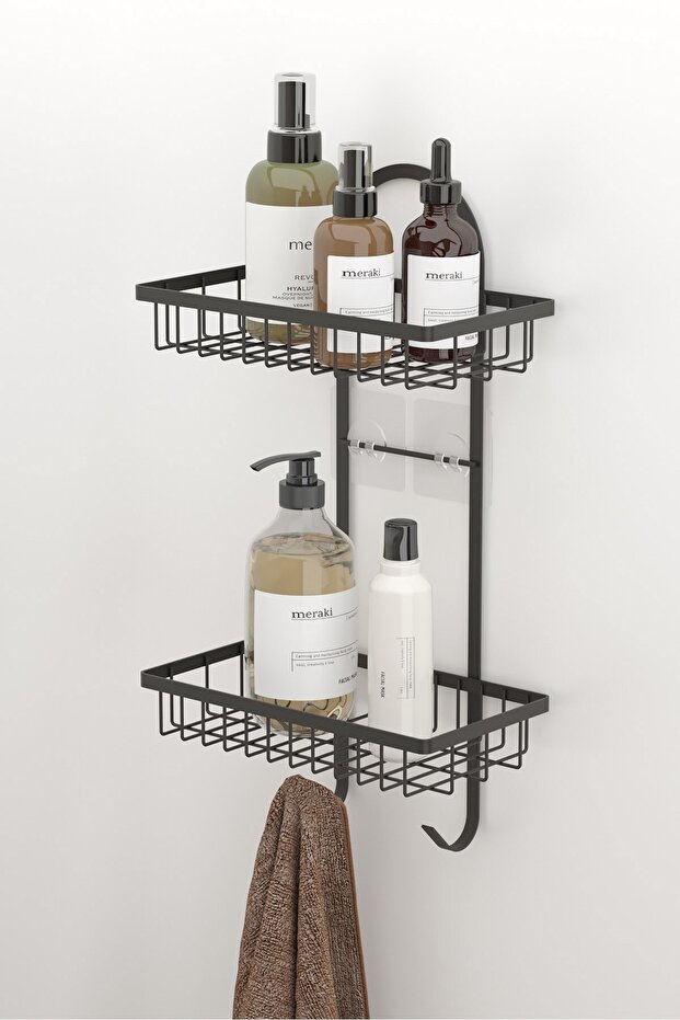 Teknotel Adhesive Shampoo Holder Two-Tier Hooked Bathroom Shelf Matte Black St308