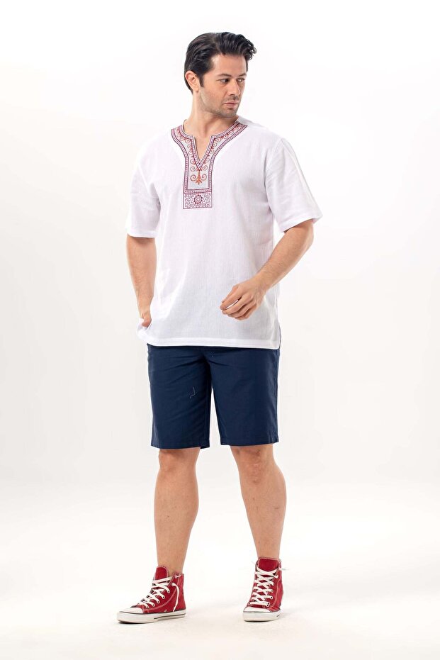Short Sleeve Shile Cloth Crew Neck Ethnic Men's Summer T-Shirt White Byz