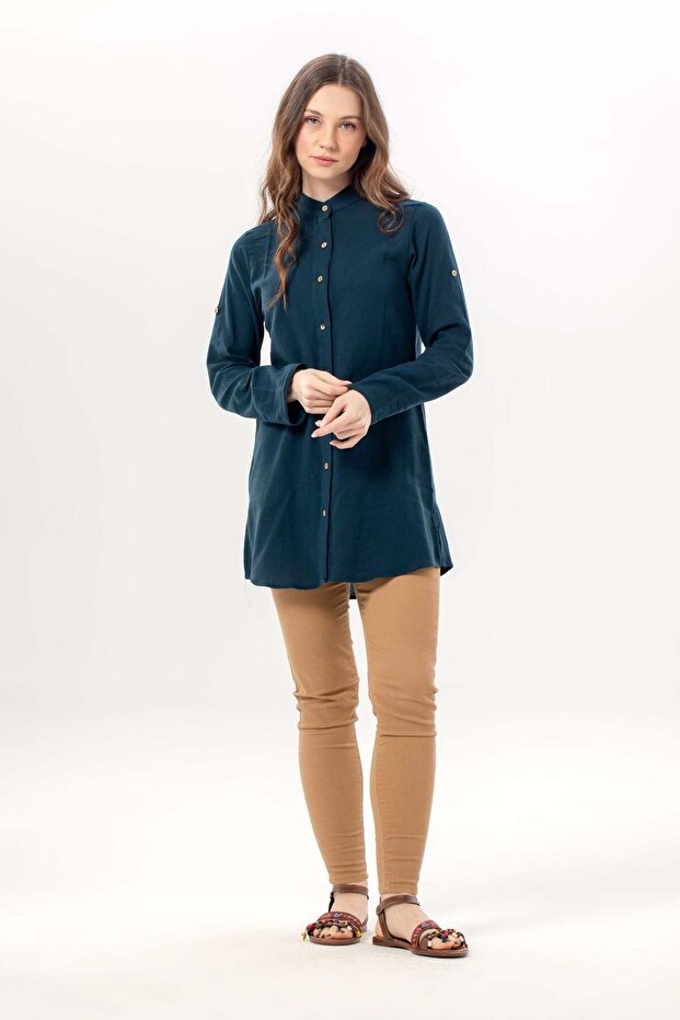 Women's Şile Bezi Hakim Collar Summer Tunic Petrol Ptrl