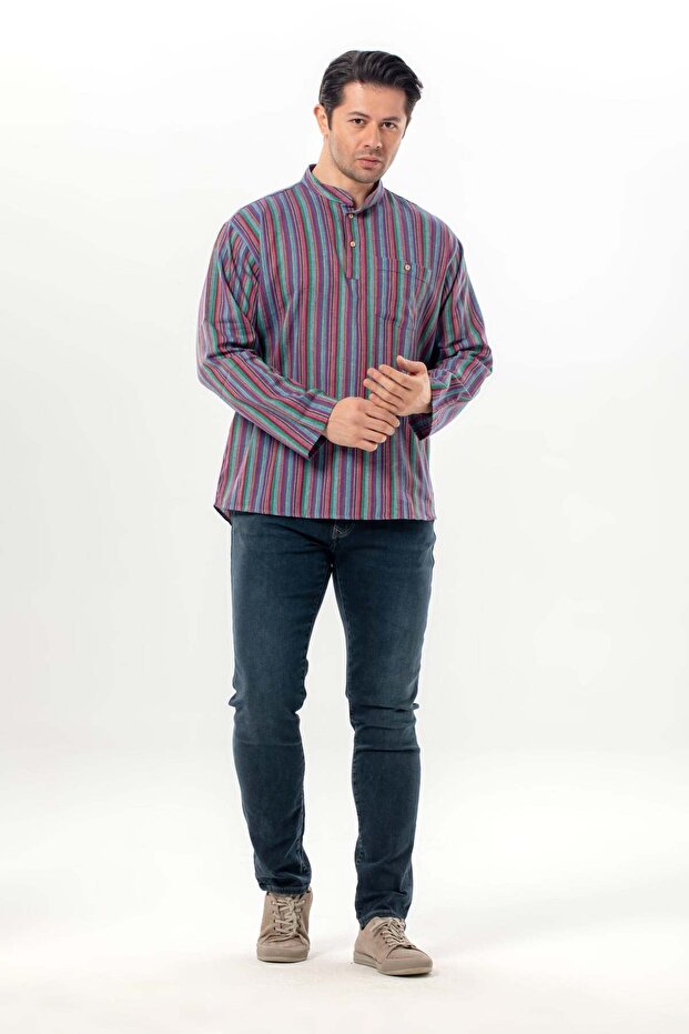 Long Sleeve Shiled Cloth Single Pocket Prevailing Collar Men's Summer T-shirt Purple Striped 3072