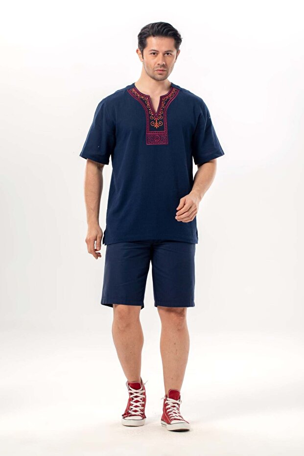 Short Sleeve Shile Cloth Crew Neck Ethnic Men's Summer T-Shirt Navy Blue Lcvt