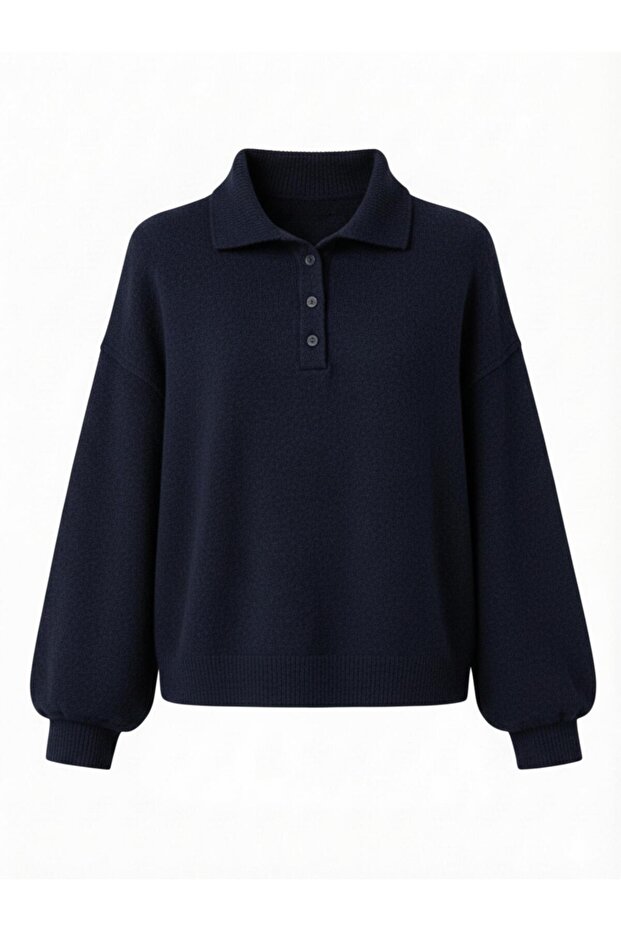 Polo Neck Basic Sweater Women Navy Blue