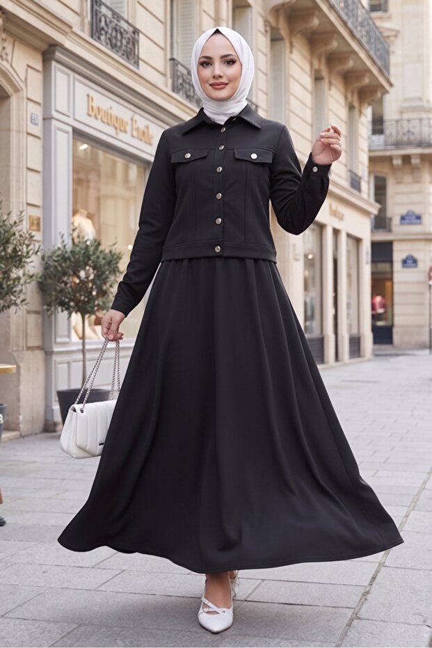 Jacket Skirt Scuba Two-Piece Set 1614 - Black