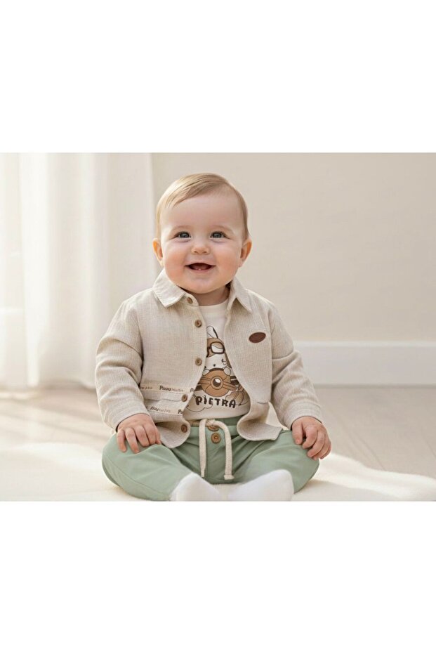 Eid Holiday Baby Boy Triple Set Pilot Rabbit Printed Badi Shirt Pants Set 2216