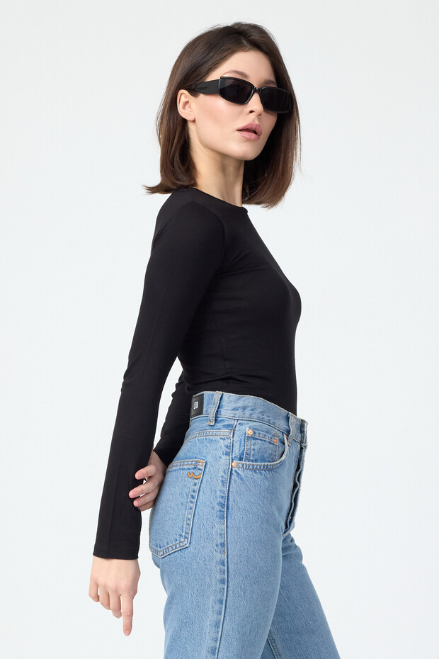 Black Crew Neck Basic Long Sleeve Bodysuit - 4
