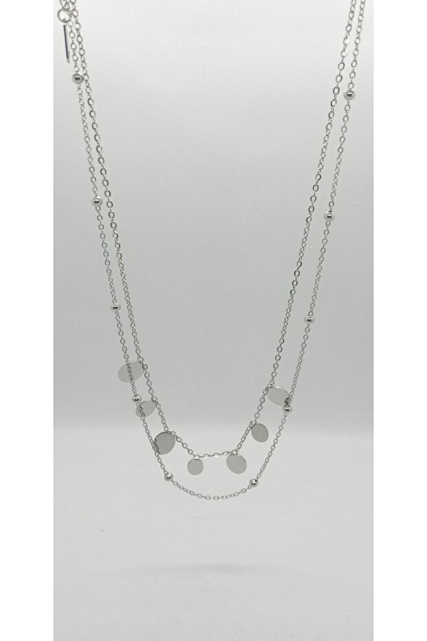 Silver Color Sequin Detail Double Combination Necklace