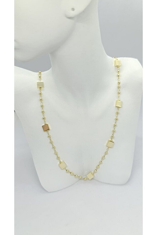 Square Detailed Gold Bead Chain Necklace (45+5 cm)