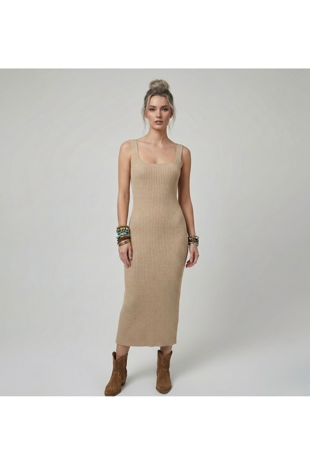 Premium Fit Square Neck Corded Fabric Knitwear Midi Dress