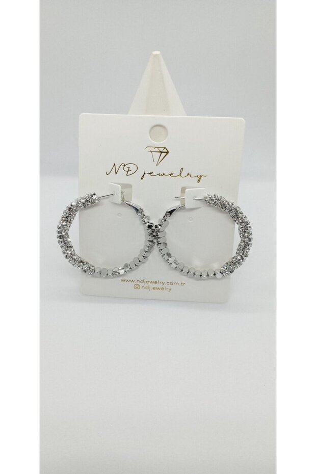 Silver Color Stone and Plate Bead Detailed Hoop Earrings