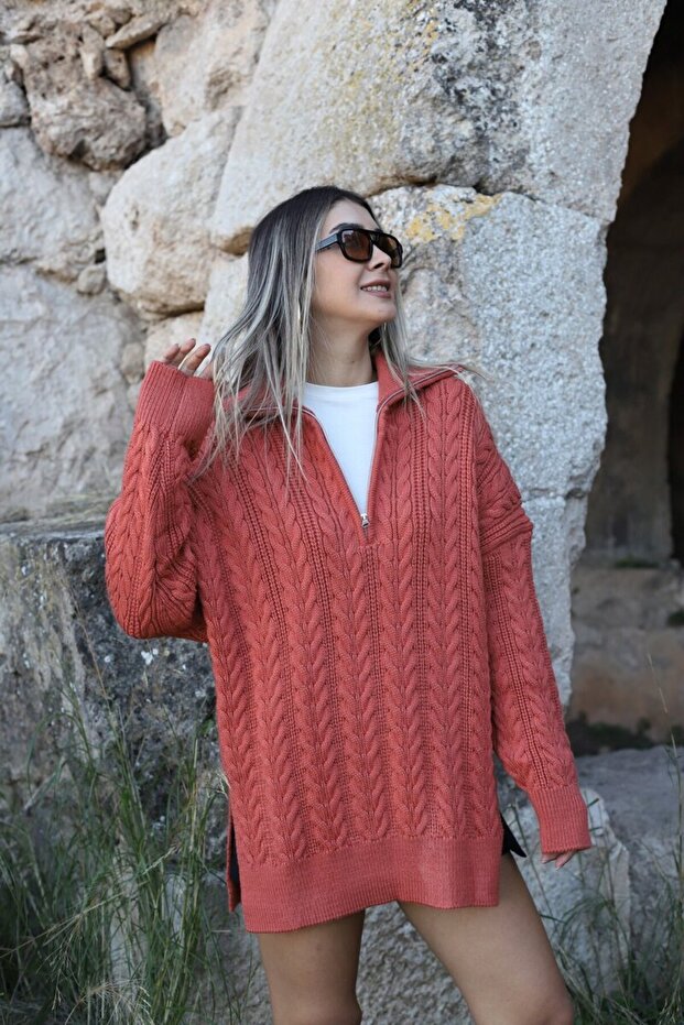 Tile Standard Size Hair Braided Zipper Sweater