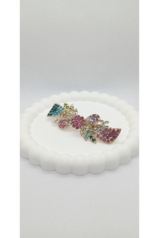 Colorful Stone Detailed Flower Figure Snap Buckle