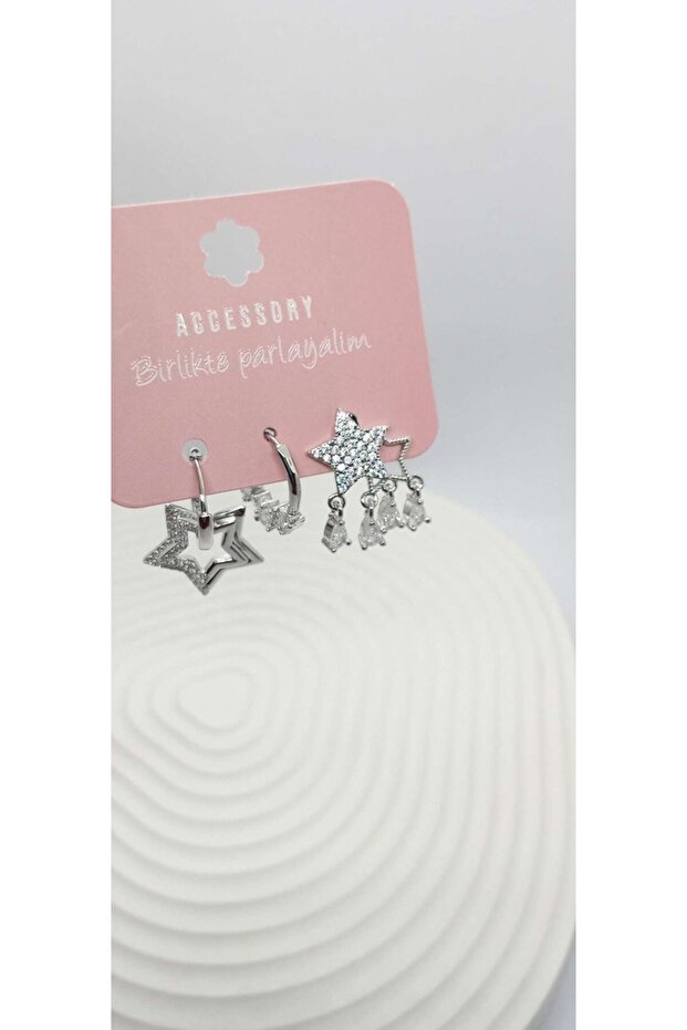 Silver color star patterned stone detail earrings
