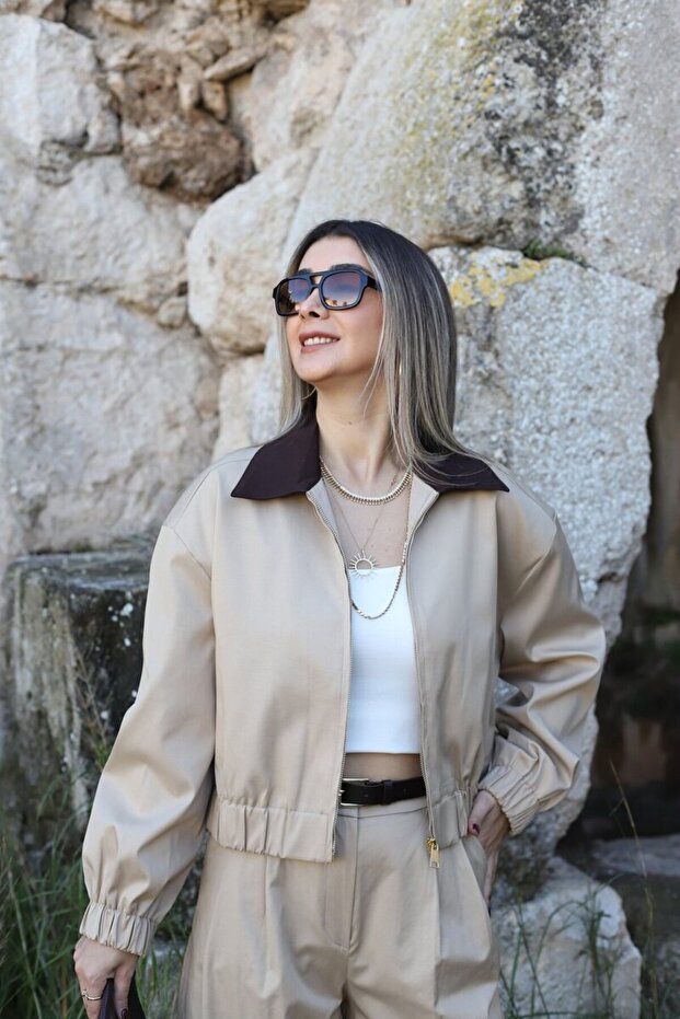 Beige Brown Collar Detail Short Premium Jacket