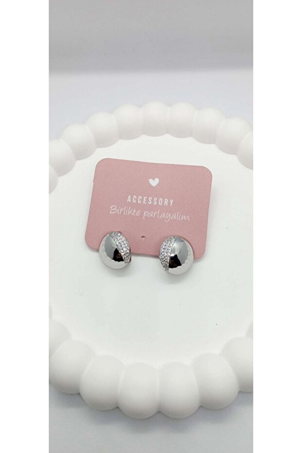 Silver color stone detailed round mini earrings