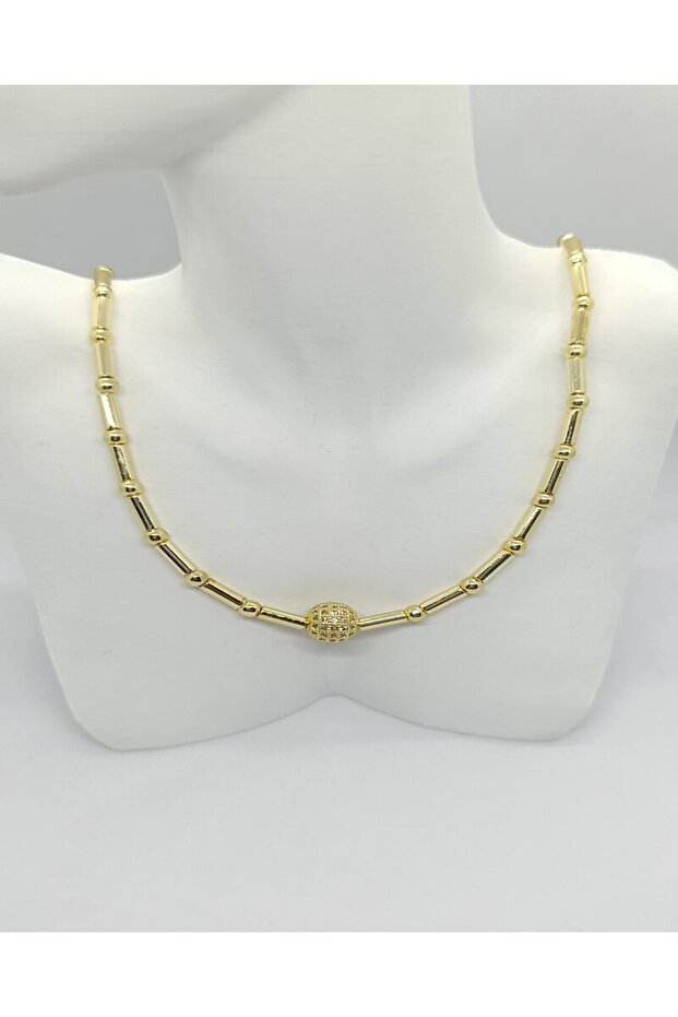 Stone Detailed Gold Bamboo Chain Necklace (40+5 cm)