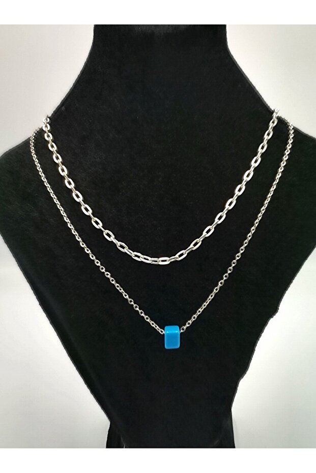 Silver Chain Necklace with Blue Bead Figure