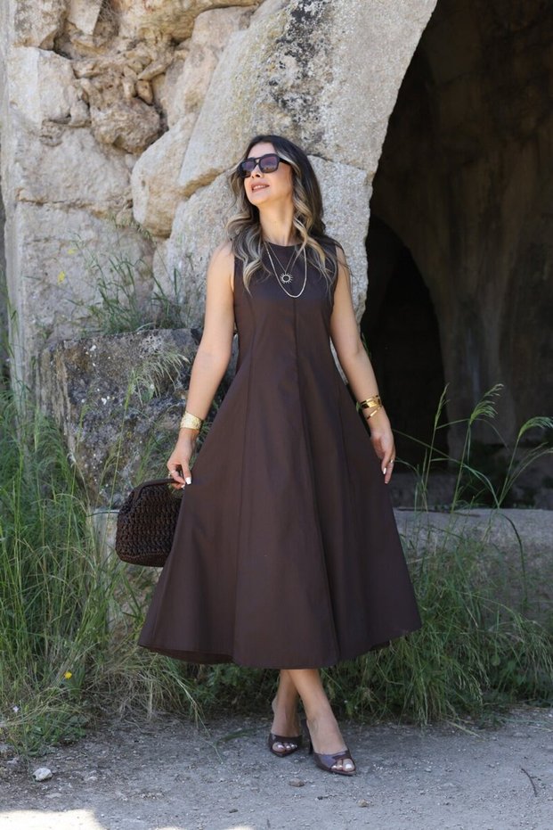 Coffee Zero Sleeve Dress with Pencil