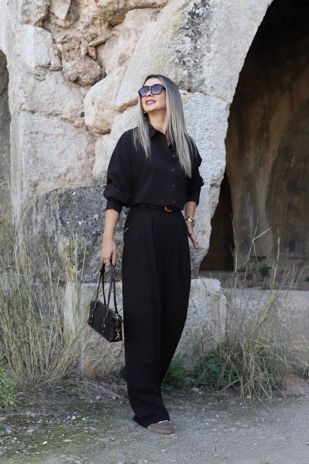 Bitter Brown Long Shirt Buttoned Trousers Set