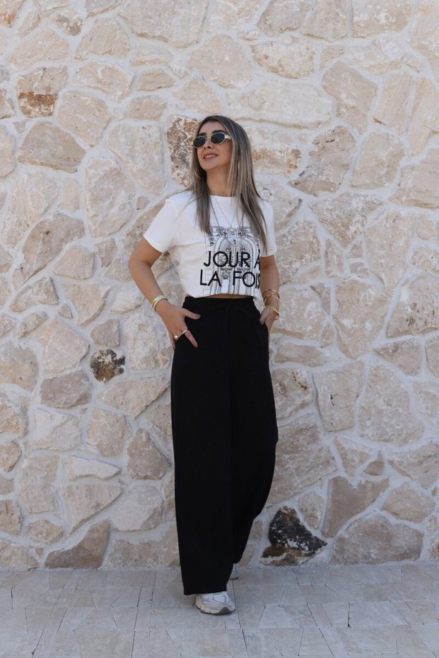 Black Gabardine Elastic Waist Trousers