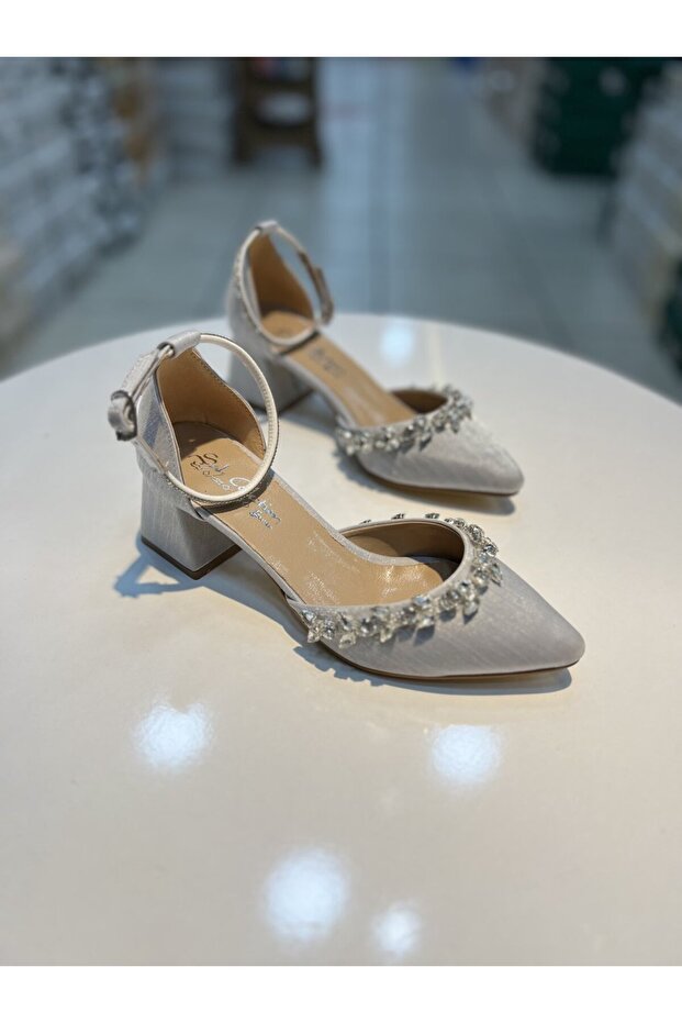 Şah Short Heel Satin Silk Material Stone Evening Dress Shoes