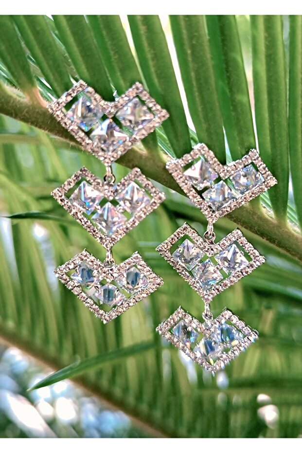 Silver Color Zircon Stone Luxury Evening Dress Earrings