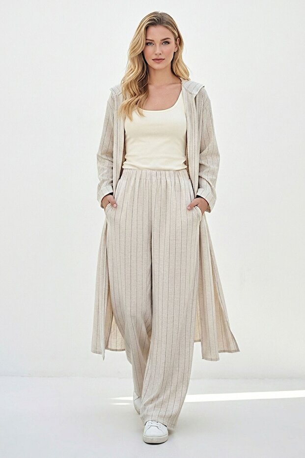 Women's Alaçatı Linen Black Striped Hooded Long Set