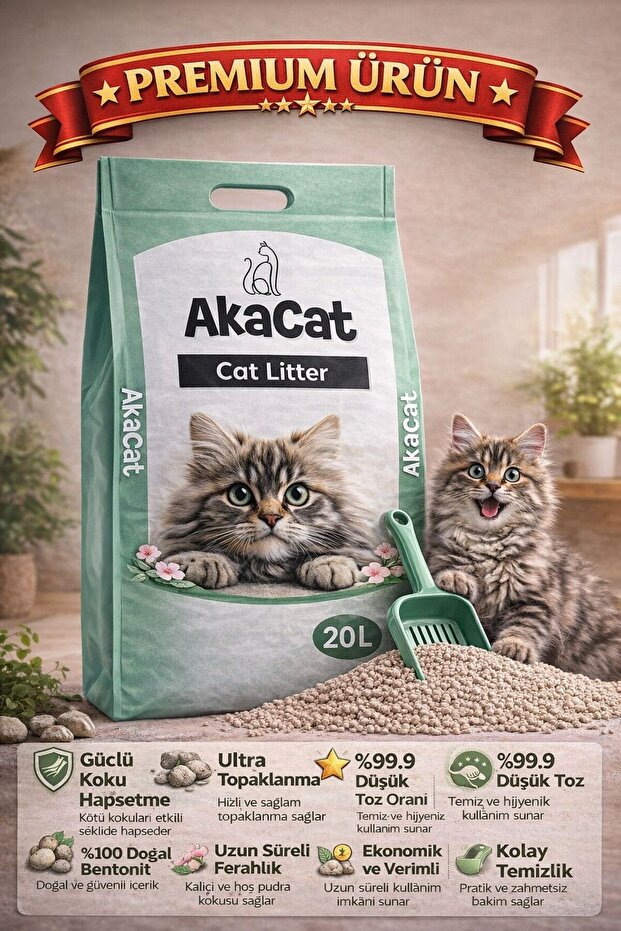 AKACAT 20 Lt Beyaz Bentonit Doğal %100 Topaklaşan Ince Taneli Kedi Kumu