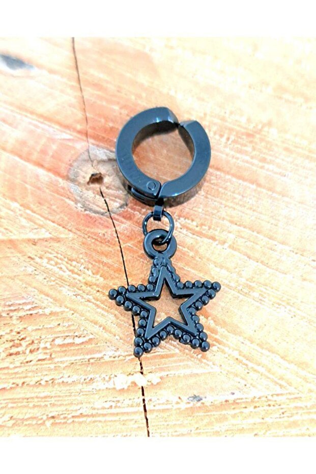 Star Patterned Black Steel Embossed Unisex Earrings