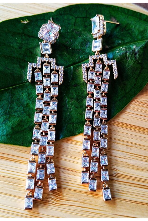Gold Color Stone Dangle Luxury Evening Dress Earrings