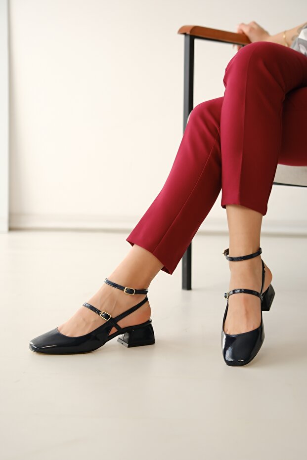DuTinya Navy Blue Patent Leather - Blunt Toe Heeled Shoes