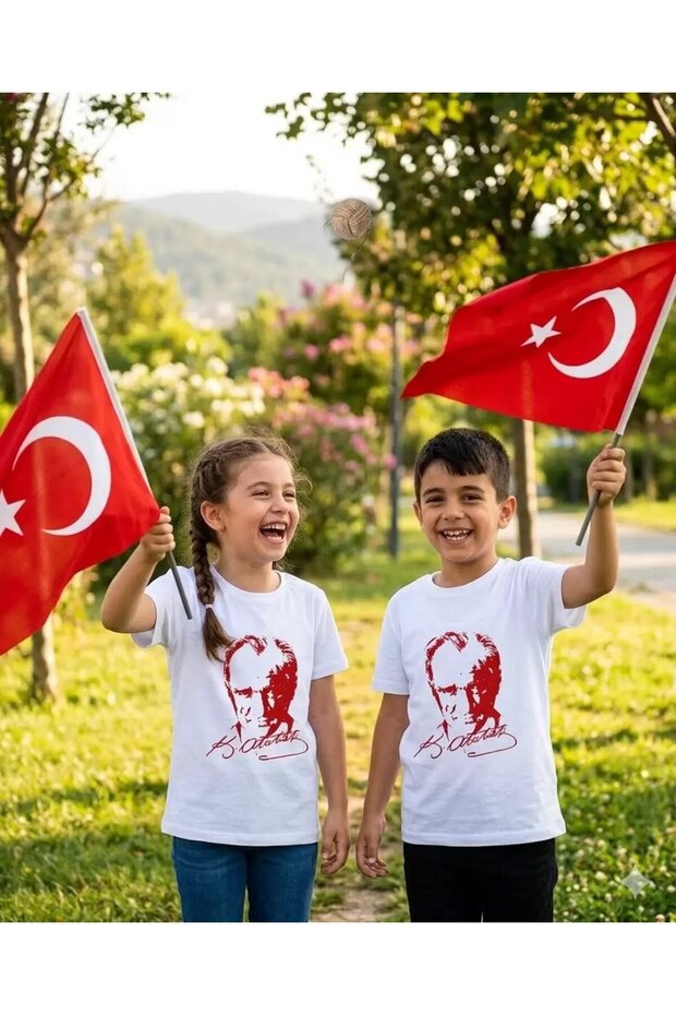 Ataturk Printed White Children's T-Shirt - Unisex Model 100% Cotton (One Size, Recommended to Order One Size Larger)