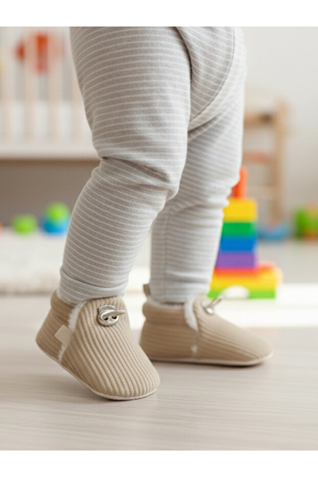 Ribbed Brown Knitwear, Plush Lined, Non-Slip Sole, Elastic Baby Booties, Home Boots, Slippers