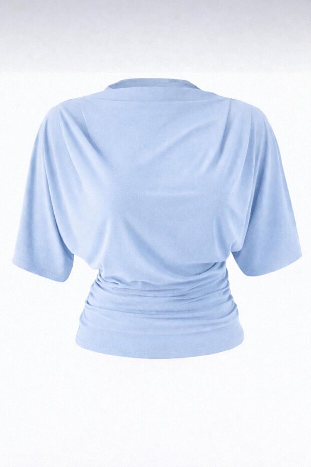 Women's Blue Fitted Bat Sleeve Stretchy Knitted Blouse 0067