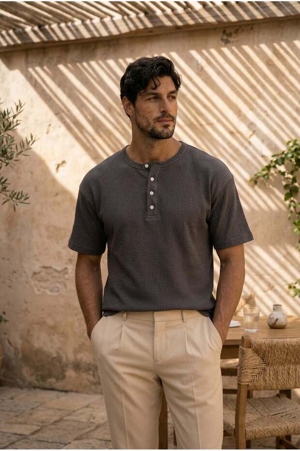 Roth Relaxed Fit Casual Henley Collar Waffle Fabric Summer Short Sleeve T-Shirt - Smoked