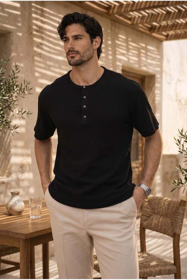 Roth Relaxed Fit Casual Henley Collar Waffle Fabric Summer Short Sleeve T-Shirt - Black