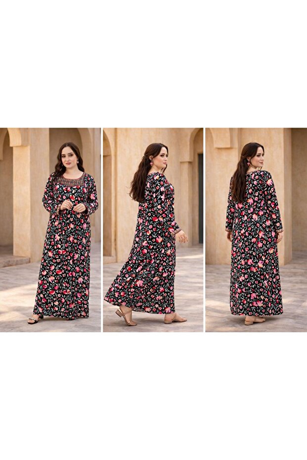 Ladies Rayon Jalabiya Dress- Printed Maxi Dresses with Full Sleeves and Patch Work on Neck.