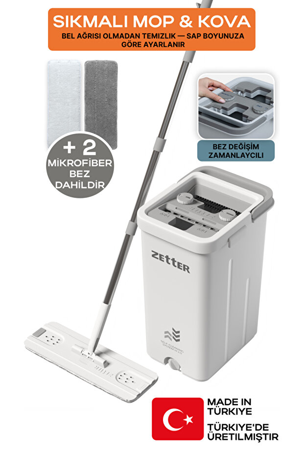 Zetter Paspas Mop Temizlik Seti M, Bez Değişim Zamanlayıcılı, 10 L Kova, Mikrofiber Bezli, Kolay Sıkmalı