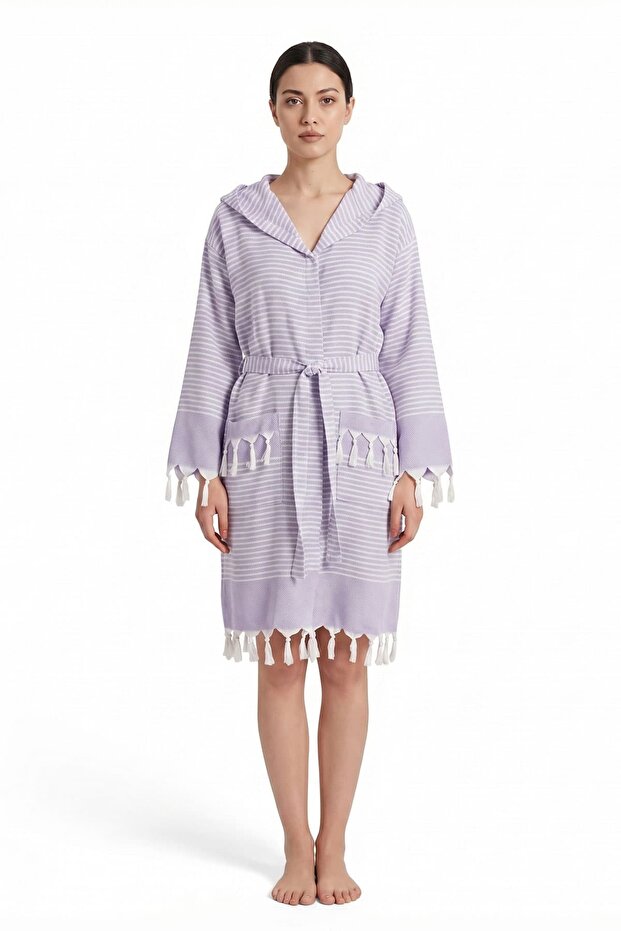 Hooded Unisex Peshtemal Beach Bathrobe 100% Cotton Seaside Stripe