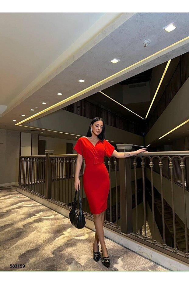 Double-Breasted Collar Pencil Dress 583159 Red