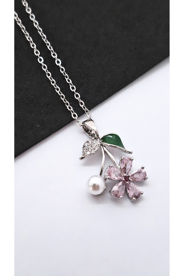 Women's Green Leaf Pink Flower Steel Necklace