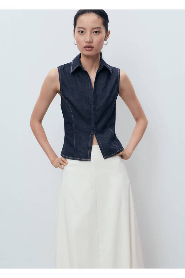 Contrast Stitching Denim Blouse - 7