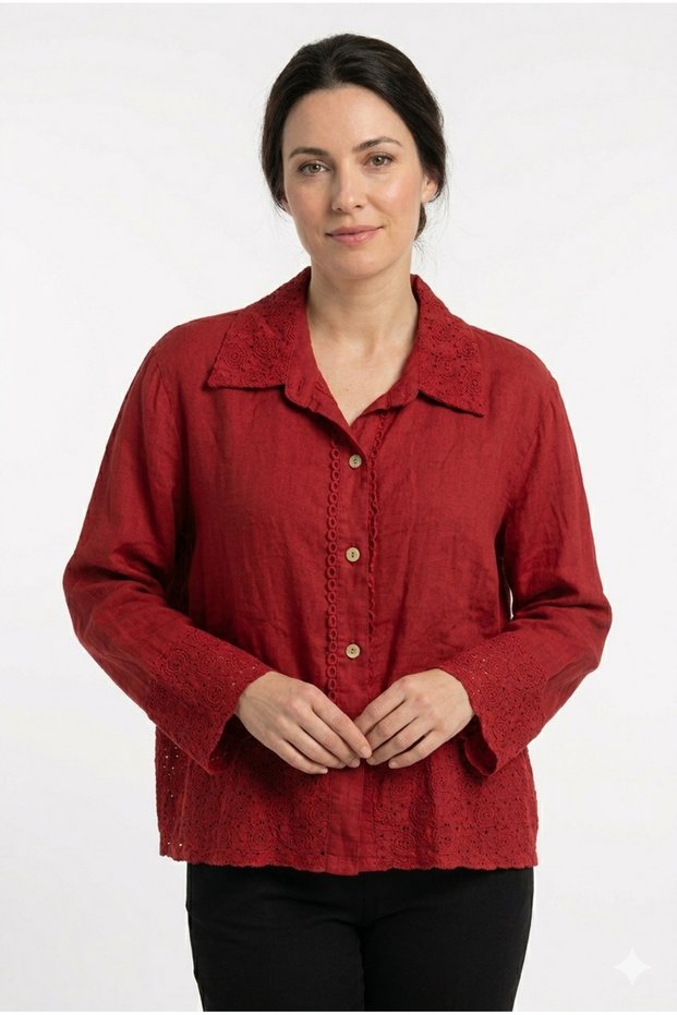 Women's Burgundy Italian Lace Detailed Oversize Linen Shirt Size 38 - 44
